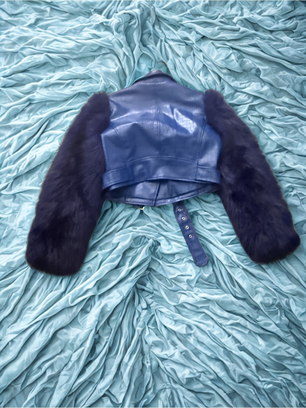 AKIRA Crop Blue Leather Jacket with Fur Sleeves